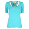 T-shirt turchese con pizzo e strass