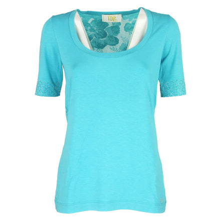 T-shirt turchese con pizzo e strass