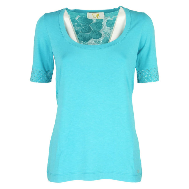 T-shirt turchese con pizzo e strass