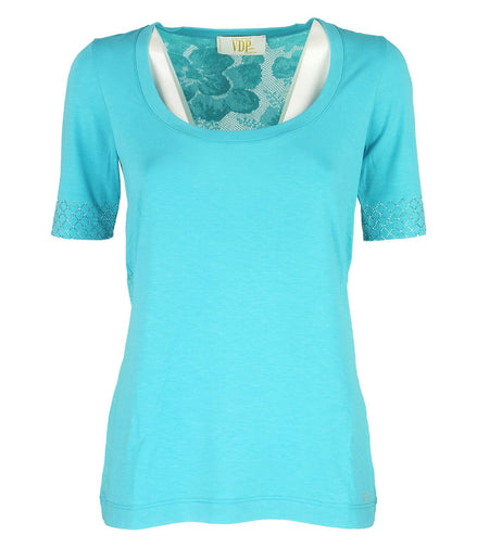 T-shirt turchese con pizzo e strass