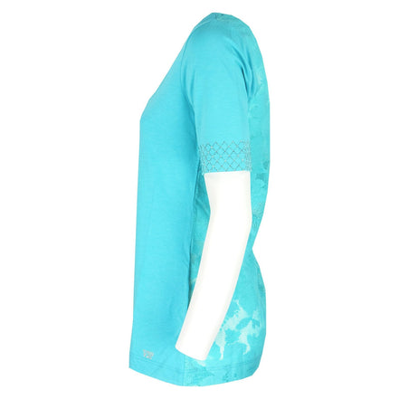 T-shirt turchese con pizzo e strass