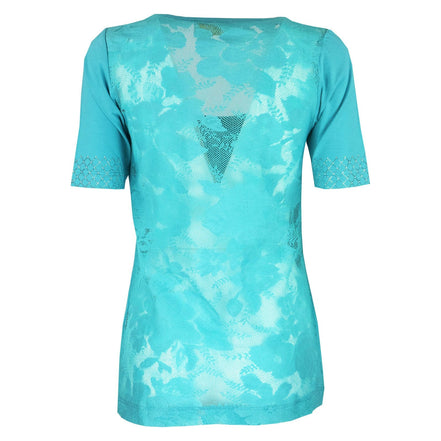 T-shirt turchese con pizzo e strass