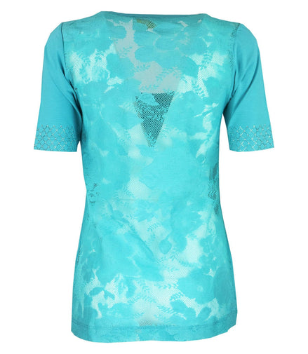 T-shirt turchese con pizzo e strass