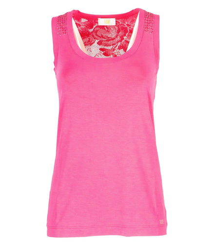 Top corallo con pizzo e strass